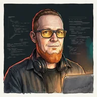 Ink and watercolor portrait of Vlad, lead SEO and co-founder of BigRed, in amber computer glasses